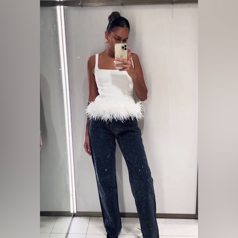 zara NWT white feathered tank top blouse stretch 4772/104 197 size small - Picture 8 of 12